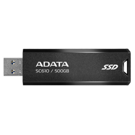 Compact ADATA SC610 500GB External SSD with retractable design and USB 3.2 Gen 2 speeds up to 550MB/s for fast data transfer.