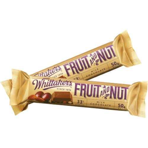 Whittaker's Fruit & Nut 50g bars in a 36-pack, offering rich chocolate with crunchy nuts and chewy fruits for a delightful treat.