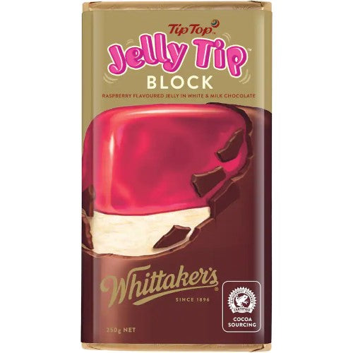 Whittaker's Block Jelly Tip 250g pack showcasing Kiwi flavors of vanilla ice cream and raspberry jelly in creamy chocolate.