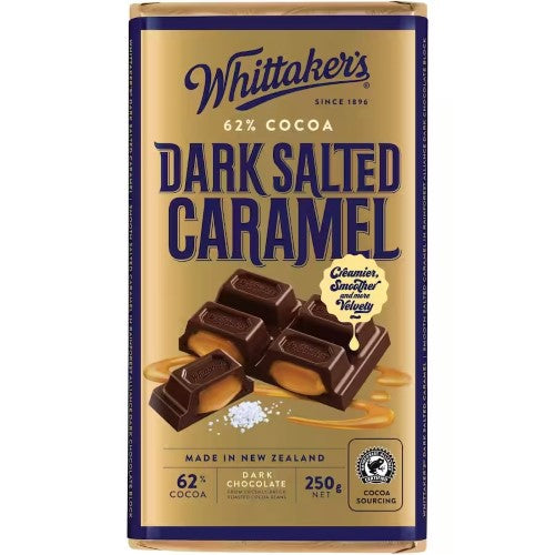 Whittaker's Dark Salted Caramel 250g blocks in a 12-pack, featuring rich chocolate and crunchy caramel bits.