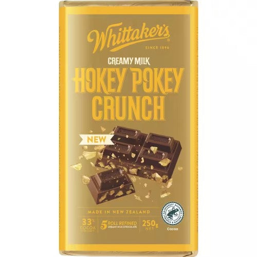 Whittaker's Block Hokey Pokey 250g - rich milk chocolate with crunchy Hokey Pokey pieces, available in a 12-pack.