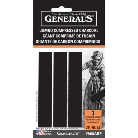 Compressed jumbo charcoal sticks in assorted degrees (2B, 4B, 6B) for versatile and expressive drawing.