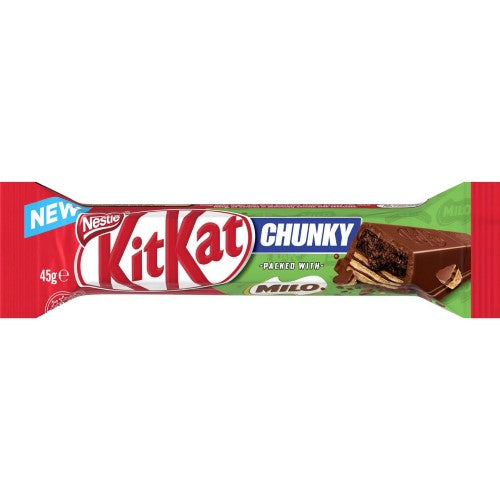 Kit Kat Chunky Milo 45g bars in a 36-pack, combining crispy wafers with rich Milo flavor for an energizing treat.