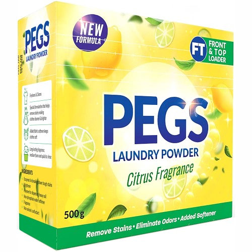 Pegs Citrus Laundry Powder 500g pack with natural citrus extracts for tough stain removal and a fresh, uplifting scent.