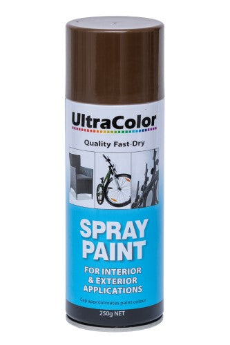 Ultracolor 250g spray paint in Mission Brown, offering fast-drying, high-gloss finish for diverse DIY projects.