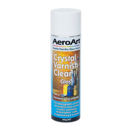 Glossy acrylic varnish for protecting artwork and crafts, enhancing colors while preventing UV damage.