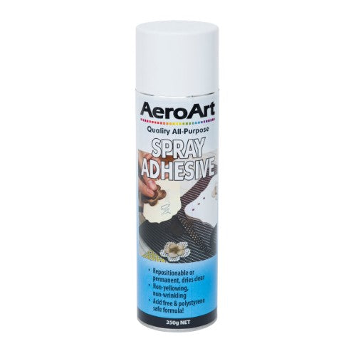 Aero Art Spray Adhesive 350g for lightweight materials; adjustable, non-staining, and long-lasting bonding solution for creatives.