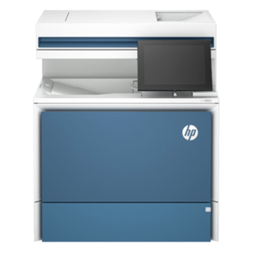 HP Color LaserJet Enterprise MFC 5800dn printer, compact multifunction device with 43 ppm speed, duplex printing, touchscreen, and security features.