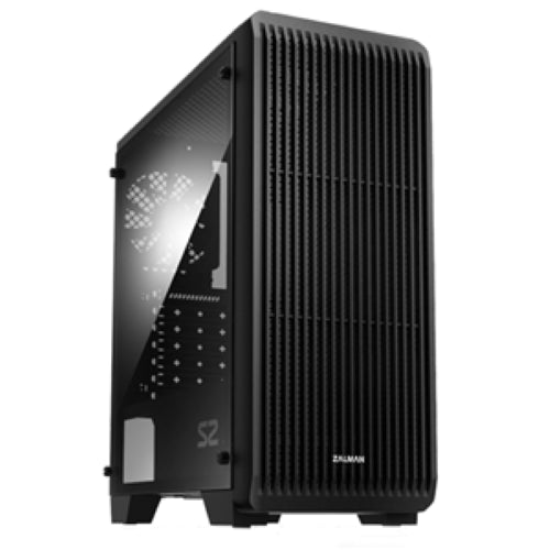 Black ATX mid tower case with space for 2x 3.5" and 2x 2.5" drives, including a 120mm fan.