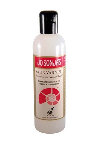 Jo Sonja's Satin Varnish 250ml, a water-based varnish providing a durable, clear satin finish for acrylic art projects.