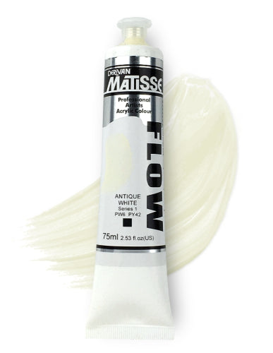 Antique White Matisse Flow Acrylic Paint in 75ml tube, perfect for fine brushwork and vibrant, smooth artistic applications.