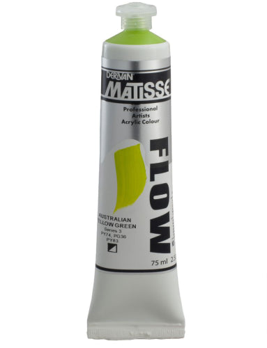 A 75ml tube of Matisse Flow acrylic paint in Australian Yellow Green, ideal for fluid brushwork and airbrushing.