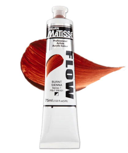 Matisse Flow 75ml Burnt Sienna acrylic paint in a tube, ideal for vibrant, smooth brushwork and versatile artistic techniques.