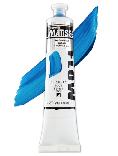 Vibrant Matisse Flow Cerulean Blue acrylic paint in 75ml, perfect for fluid brushstrokes and versatile artistic applications.