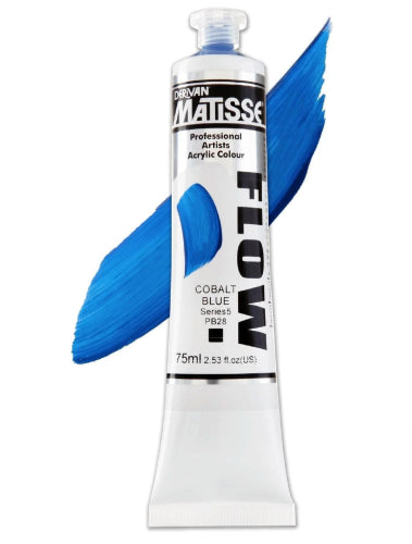 Matisse Flow 75ml Cobalt Blue S5 acrylic paint in a tube, perfect for vibrant, free-flowing brushwork and detailed artwork.