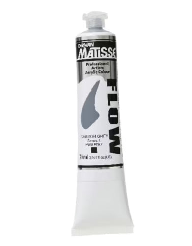 Matisse Flow Acrylic Paint in Carbon Grey S1, a 75ml tube with a thin, flowing formula for smooth, vibrant brushstrokes.