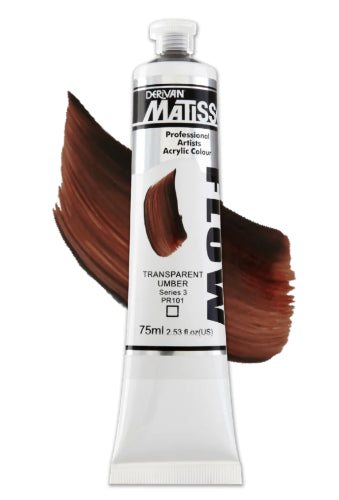 Matisse Flow Acrylic Paint in Trans Umber, 75ml, offers smooth brushstrokes, rich earthy tones, and versatile applications for artists.