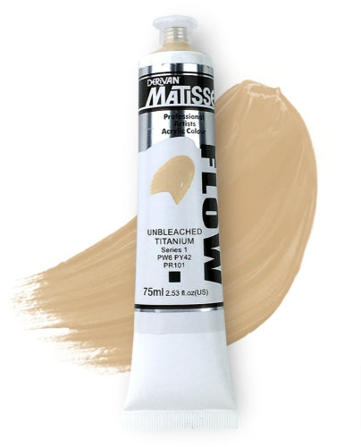 A 75ml tube of Matisse Flow Acrylic Paint in Unbleached Titanium S1, ideal for smooth application and fine art techniques.