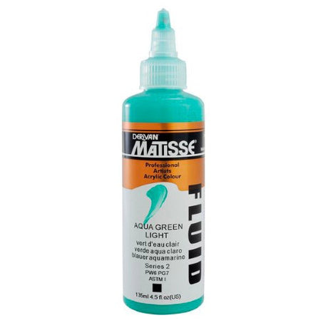 Matisse Fluid Acrylic Paint 135ml in Aqua Green Light, featuring vibrant color, exceptional fluidity, and high pigment.