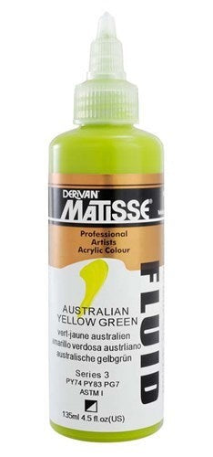 Matisse Fluid Acrylic Paint 135ml in vibrant Australian Yellow Green, perfect for smooth application and versatile artistic techniques.