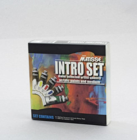 MATISSE SET INTRO 5X75ML featuring five 75ml tubes of vibrant acrylic colors and a gel medium for artistic creativity.