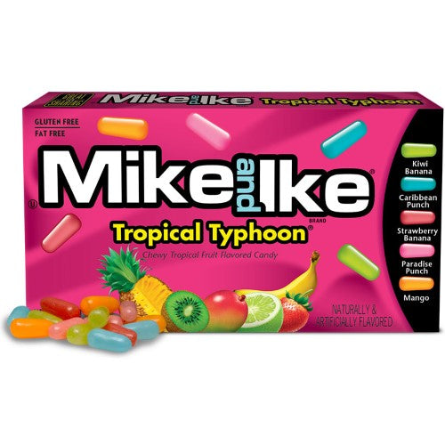 Colorful TB Mike & Ike Tropical Typhoon 12-pack, featuring a mix of fruity flavors for delicious snacking.