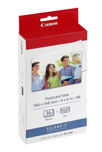 Canon KP-36IP Selphy kit featuring 36 sheets of 6x4 photo paper and 3 ink cassettes for vibrant, water-resistant prints.