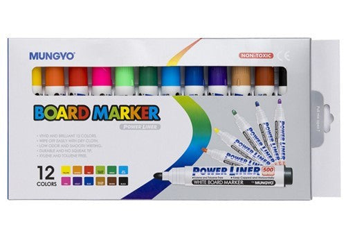 Mungyo White Board Marker Set of 12 with chisel tips in vibrant colors, perfect for smooth writing and easy erasing.