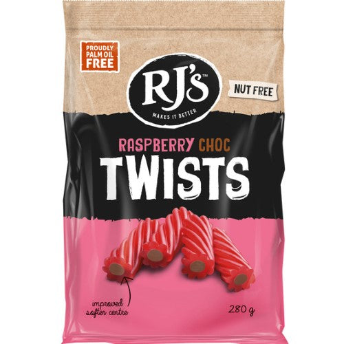 RJ’s Raspberry Choc Twists 280g ( 12 Pack )