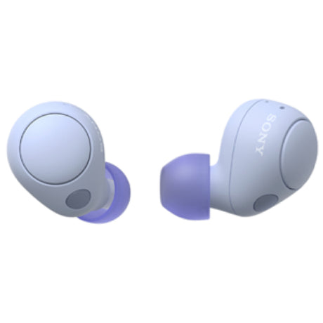 Lavender Sony WFC700NV True Wireless Earbuds with noise cancellation and ergonomic design for superior audio comfort.