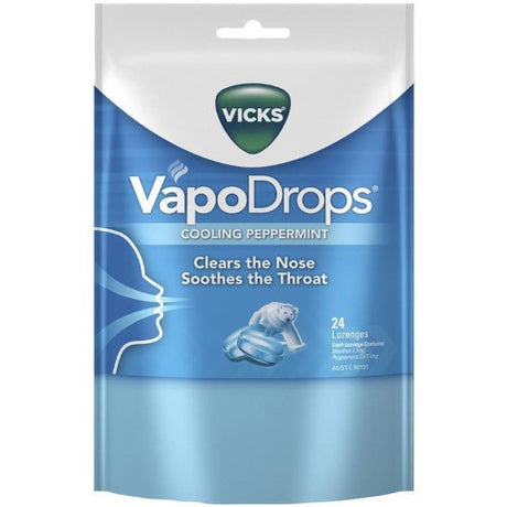 Vicks Vapo Naturals Cool Peppermint 70g lozenges enhance throat relief with refreshing peppermint flavor in a convenient 4-pack.