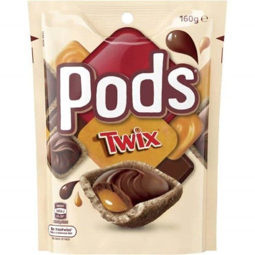 Pods Twix 160g (15 Pack) featuring crunchy biscuit, creamy caramel, and smooth chocolate in bite-sized treats.