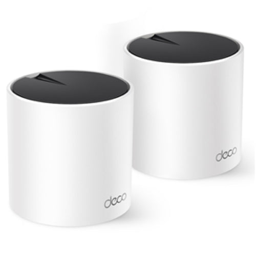 TP-Link Deco X55 twin pack, Wi-Fi 6 mesh system, offers 3 Gbps speed, 2,500 ft coverage, and advanced security features.