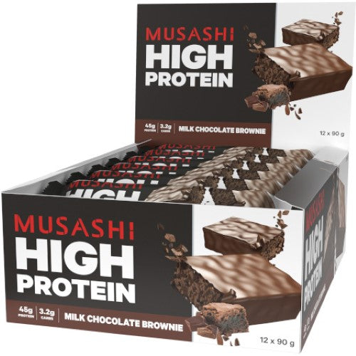 High-protein chocolate brownie pack, 12 pieces, 20g protein each, perfect post-workout snack or guilt-free treat.