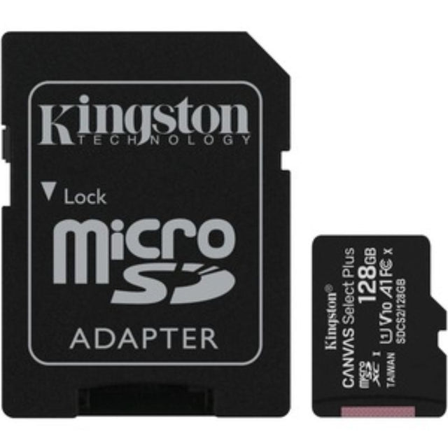 High-performance Kingston Canvas Select Plus 128 GB microSDXC card for fast data transfer and durable storage.