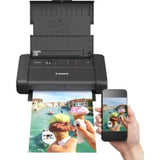 Portable Canon PIXMA TR150 Inkjet Printer in black, featuring wireless connectivity, vibrant color printing, and compact design.