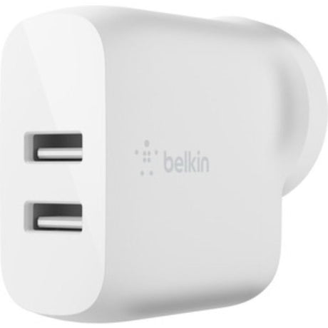 Belkin BOOST?CHARGE Dual USB-A Wall Charger 24W in white, featuring two fast-charging USB-A ports for simultaneous device charging.