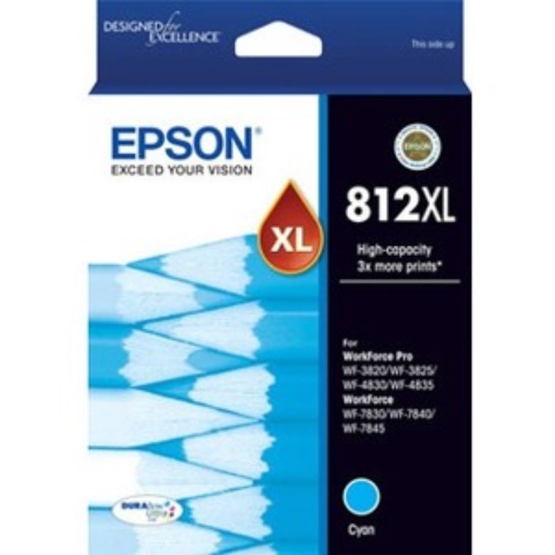 Epson DURABrite Ultra 812XL cyan ink cartridge for inkjet printers, yields 1100 pages, compatible with select Workforce models.