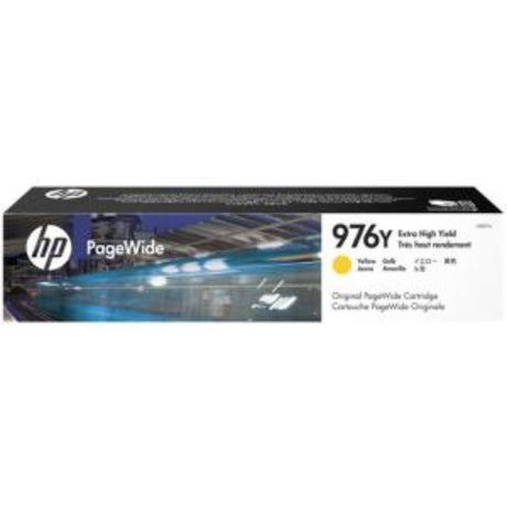 HP 976Y Yellow Ink Cartridge for PageWide printers, offering high yield of 13,000 pages with professional-quality prints.