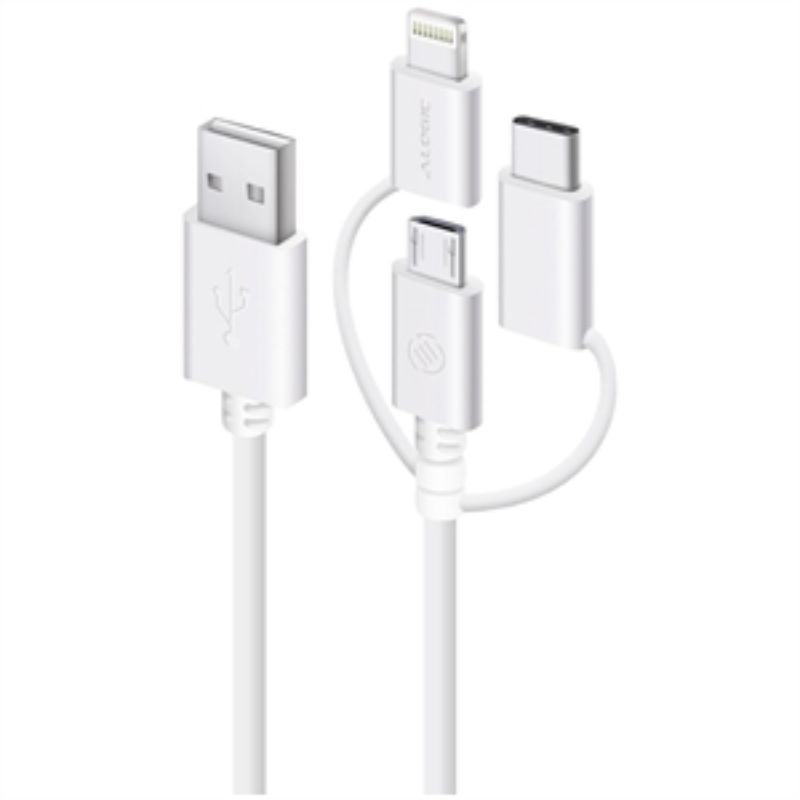 Alogic 3-in-1 Charge & Sync Combo Cable with Micro USB, Lightning, and USB-C connectors in sleek white, 0.3m long.