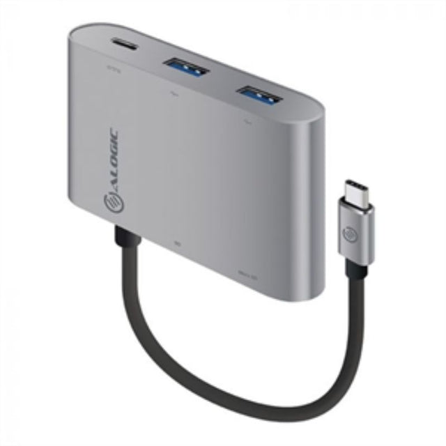 Alogic USB-C adapter with SD card reader, 3 USB-A ports, compact aluminum design for seamless data transfer.