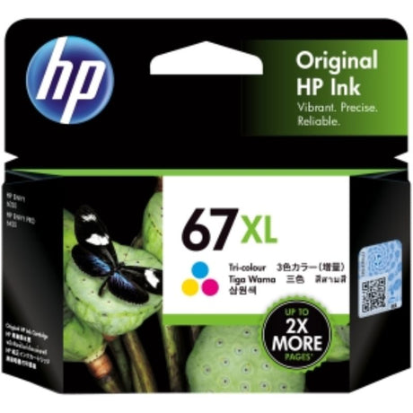 HP 67XL tri-colour ink cartridge for inkjet printers, delivering vibrant prints and high capacity for home and business use.