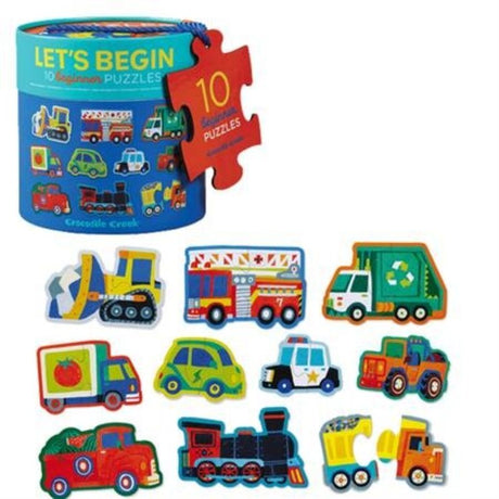 Brightly colored canister holding ten 2-piece vehicle puzzles for toddlers, designed to promote early learning and cognitive skills.
