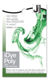 Vibrant Jacquard Green dye in a dissolvable packet, ideal for coloring synthetic fabrics and materials effortlessly.