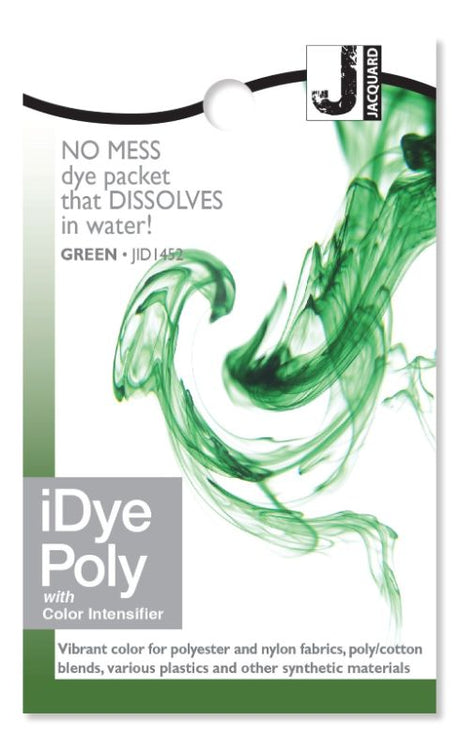 Vibrant Jacquard Green dye in a dissolvable packet, ideal for coloring synthetic fabrics and materials effortlessly.