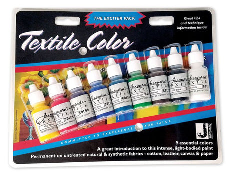 Textile Traditional Exciter Pack 9 - Jacquard features 9 vibrant, semi-transparent textile paints for diverse crafting surfaces.