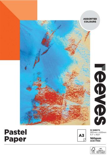 Reeves Pastel Paper Pad A3, 160gsm, 15 acid-free sheets for pastels, crayons, and charcoals, available in assorted colors.