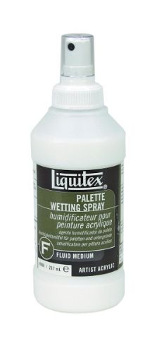 Liquitex Palette Wetting Spray 237ml bottle for extending acrylic paint work time and preventing skinning, ideal for artists.