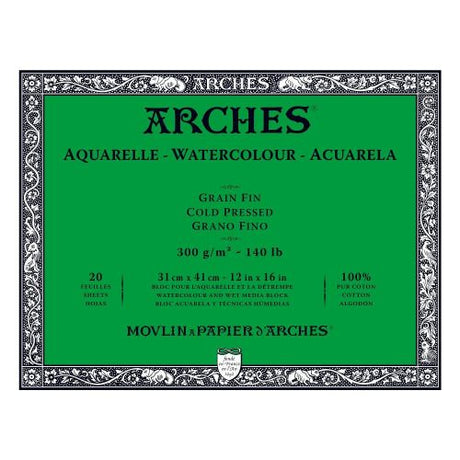 Premium Arches Water Colour Blocks 31 x 41cm, 300gsm, 20 sheets, 100% cotton, designed for vibrant watercolor artistry.
