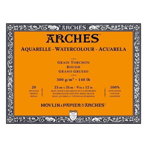Arches Water Colour Blocks are 23 x 31 cm, 100% cotton, pre-stretched, and ideal for vibrant watercolor painting techniques.